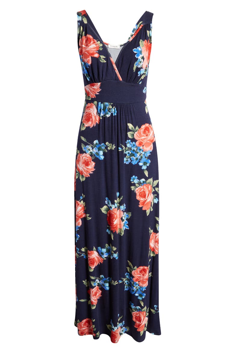 Floral Surplice V-Neck Knit Maxi Dress, Alternate, color, NAVY/ RED