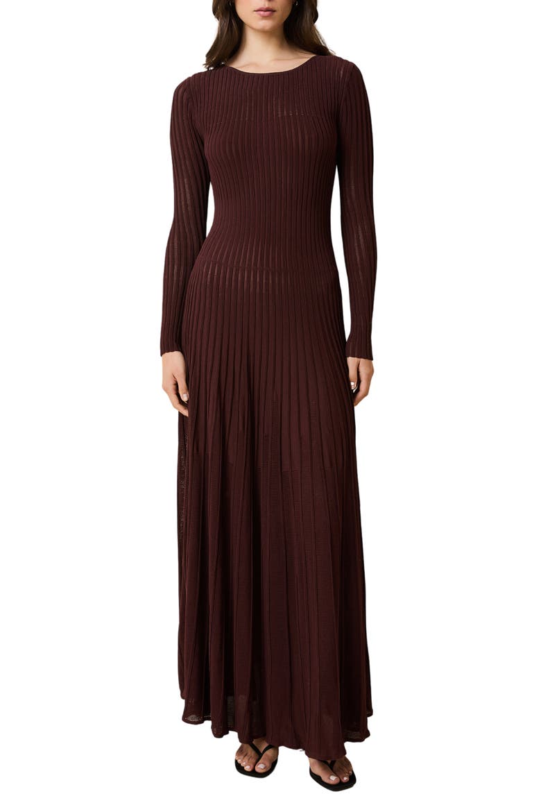 The Sloane Long Sleeve Pointelle Rib Maxi Sweater Dress, Main, color, RAISIN BROWN