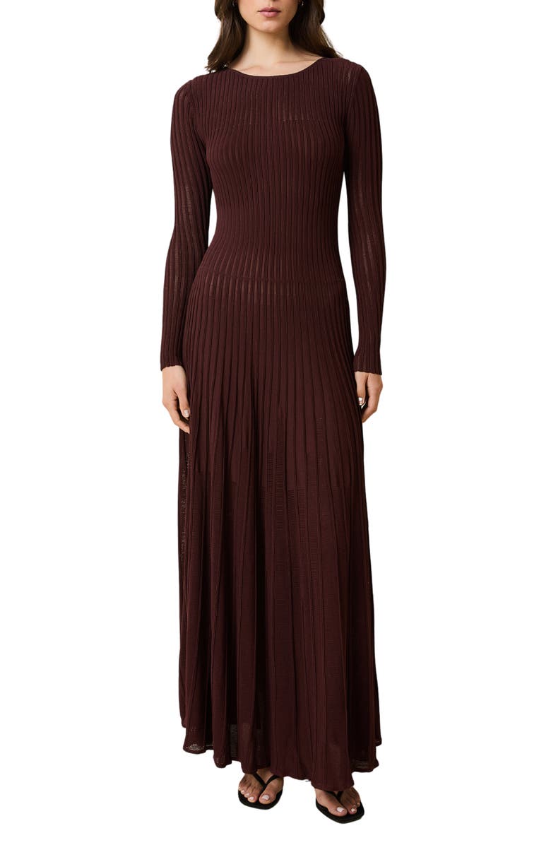 Solid & Striped The Sloane Long Sleeve Pointelle Rib Maxi Sweater Dress, Main, color, Raisin Brown