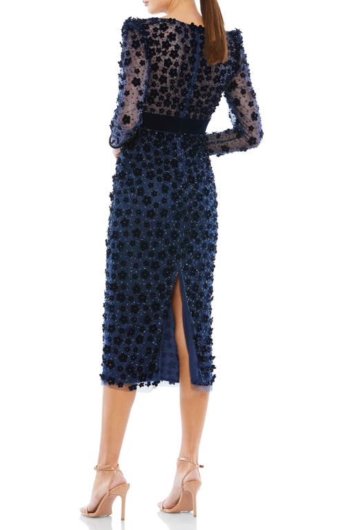 Mac Duggal Embellished V Neck Illusion Long Sleeve Column Midi In Midnight