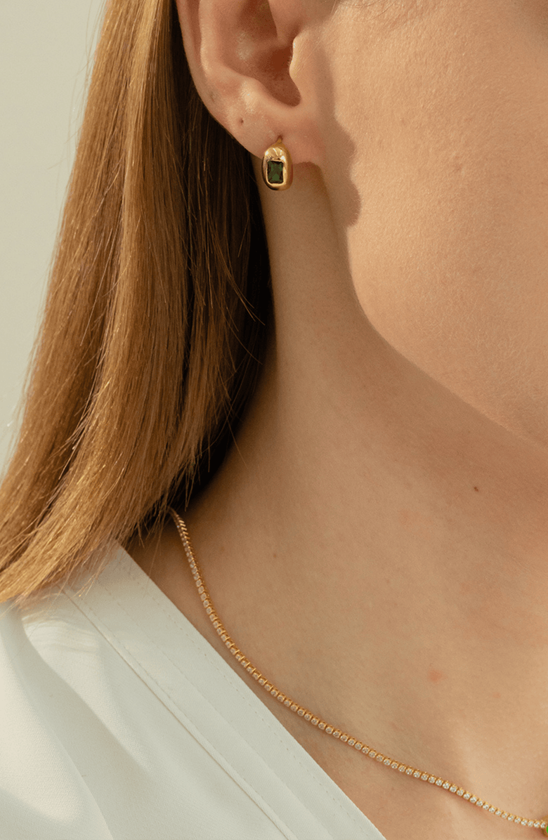 Bearfruit Jewelry 18k Gold Plated Sterling Silver Emerald Rectangle Necklace & Huggies Set Holiday Gift Guide, Alternate, color, Gold