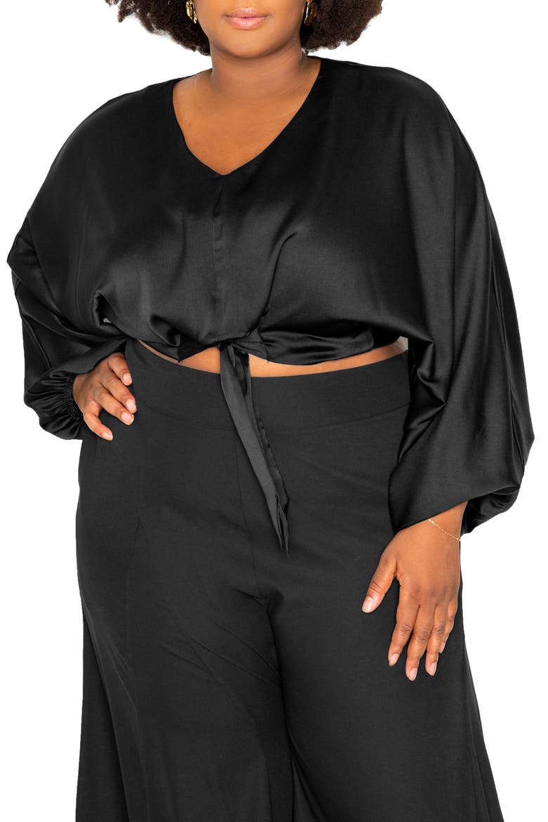 Tie Front Long Sleeve Satin Blouse, Main, color, BLACK