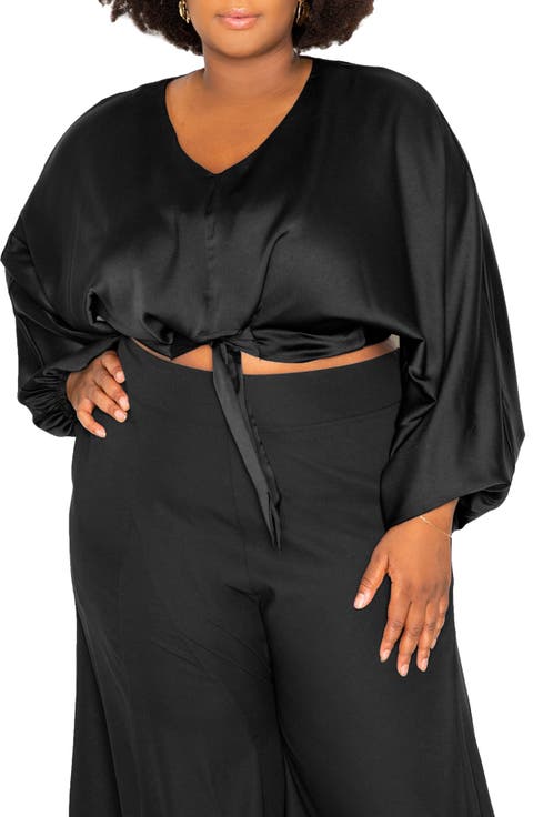 Tie Front Long Sleeve Satin Blouse (Plus Size)