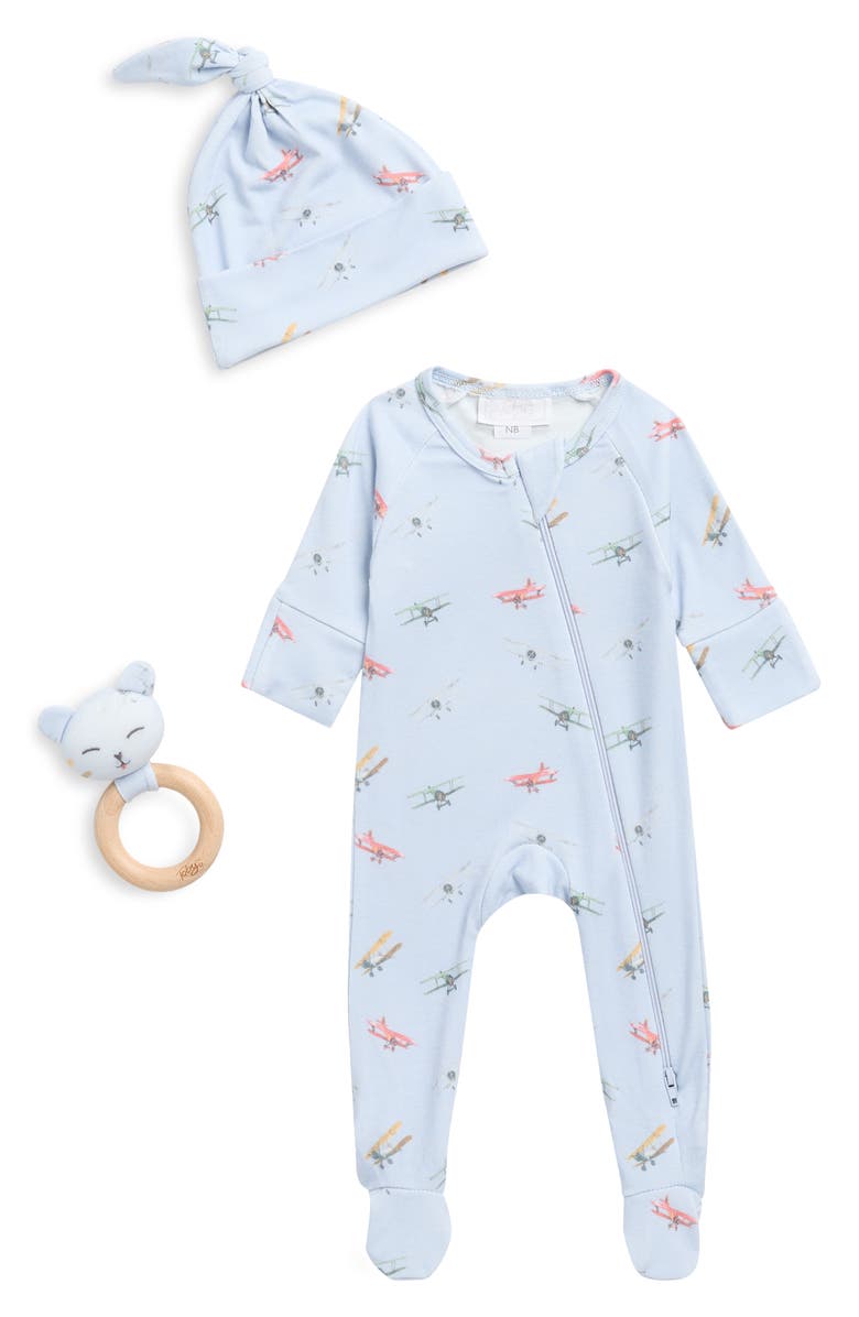 Toby Propeller Plane Footie, Cap & Teething Ring Set, Main, color, Rain Blue