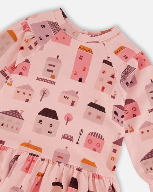 Deux Par Deux Girl's Printed French Terry Dress Pink And Coral Houses In Pink And Coral Houses