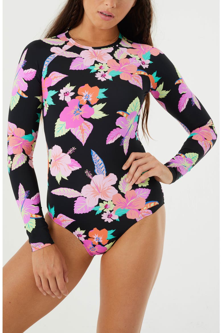 Wanderlust Long Sleeve One-Piece Rashguard Swimsuit, Main, color, BLACK MULTI