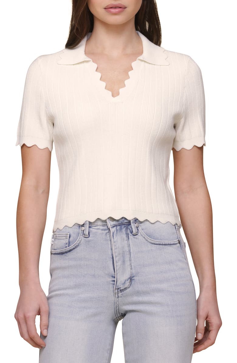 Bagatelle Scalloped Polo Sweater, Main, color, Oat