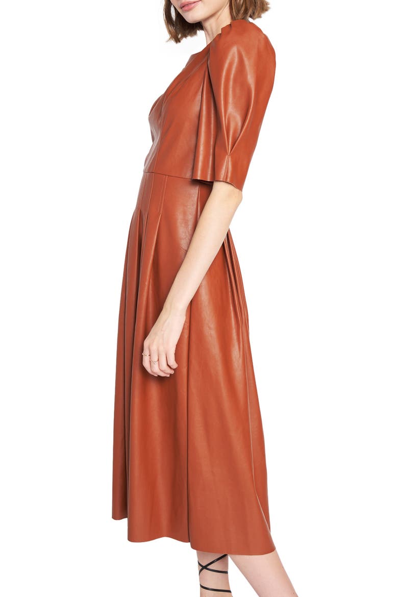 Faux Leather Puff Sleeve Midi Dress, Alternate, color, BROWN