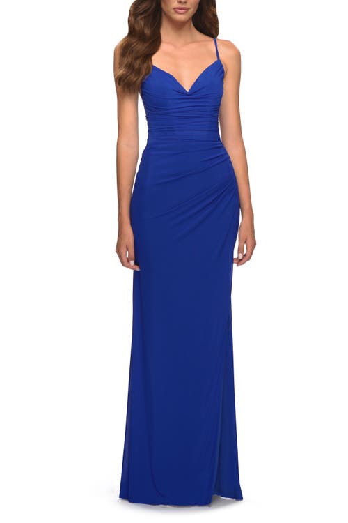 La Femme Chic Long Net Jersey Dress With Lace Up Back In Royal Blue