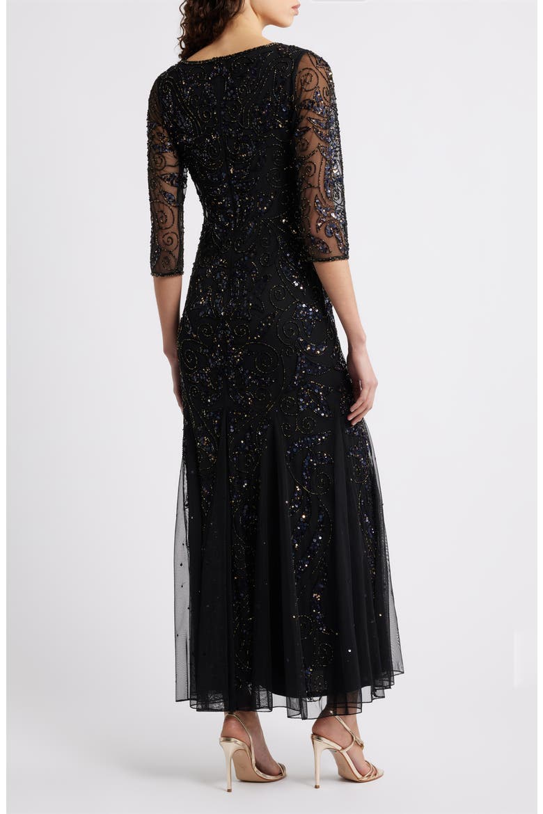 Illusion Sleeve Beaded A-Line Gown, Alternate, color, JET BLACK 004