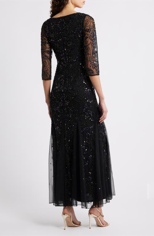 Pisarro Nights Illusion Sleeve Beaded A-line Gown In Black
