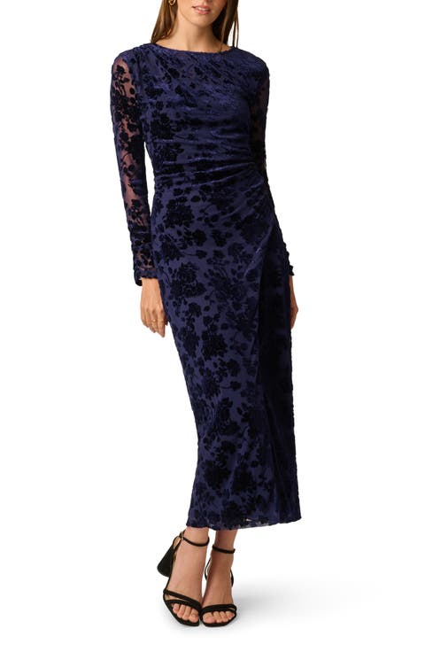 Burnout Velvet Long Sleeve Ruched Sheath Dress