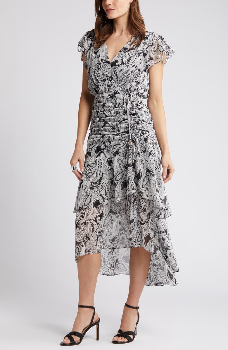 Tahari ASL Paisley Side Ruched Midi Dress, Alternate, color, 