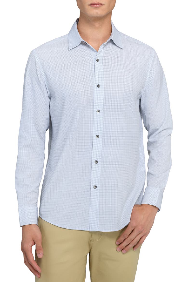 Slim Fit Light Green Grid Check Performance Button-Up Shirt, Main, color, GREEN