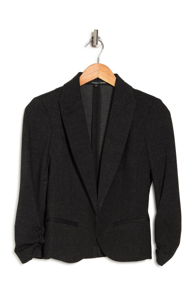 AMANDA AND CHELSEA Ruched 3/4 Sleeve Crop Ponte Knit Blazer, Alternate, color, BLACK