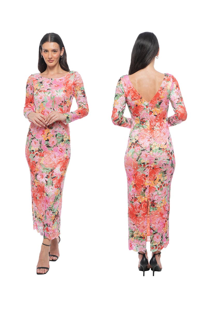 Marina Floral Long Sleeve Lace Body-Con Dress, Alternate, color, Pink/ Multi
