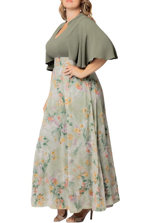 Kiyonna Avisa Flutter Sleeve Maxi Dress In Sage Floral Print