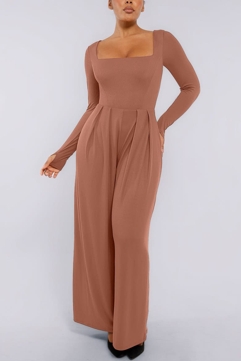 AirSlim® Square Neckline Built-In Shaping Jumpsuit, Alternate, color, Camel
