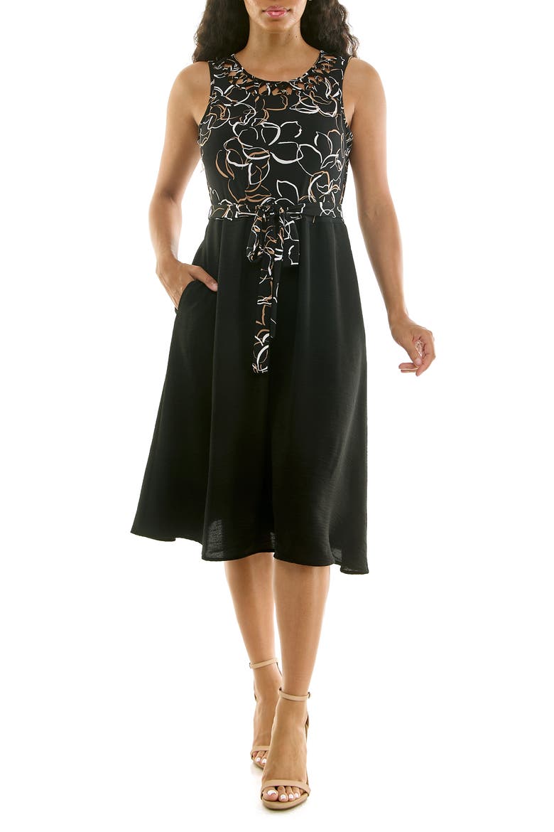 Tie Waist A-Line Dress, Main, color, BLACK/ MINK MULTI