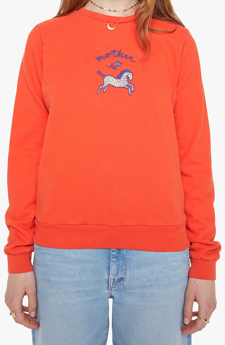 MOTHER The Camper Embroidered Cotton Sweatshirt, Main, color, Lil Pony