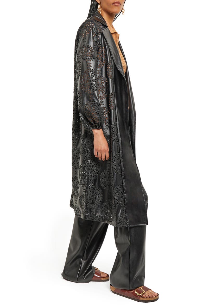 Eyelet Open Front Faux Leather Longline Jacket, Alternate, color, BLACK