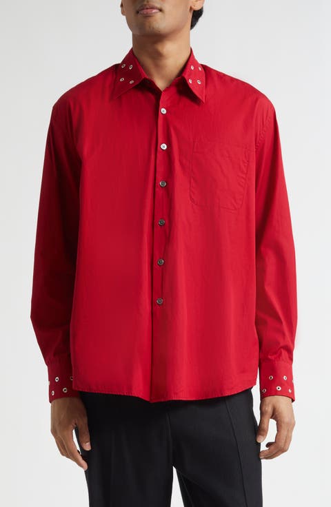 Above Grommet Detail Cotton Poplin Button-Up Shirt