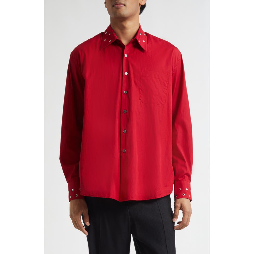 Our Legacy Above Grommet Detail Cotton Poplin Button-up Shirt In Red
