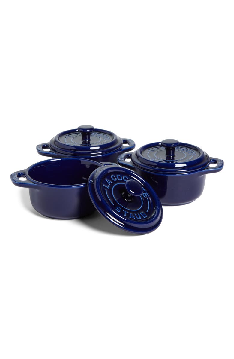 Staub Dark Blue 3-Piece Mini Round Cocotte Set, Main, color, Dark Blue
