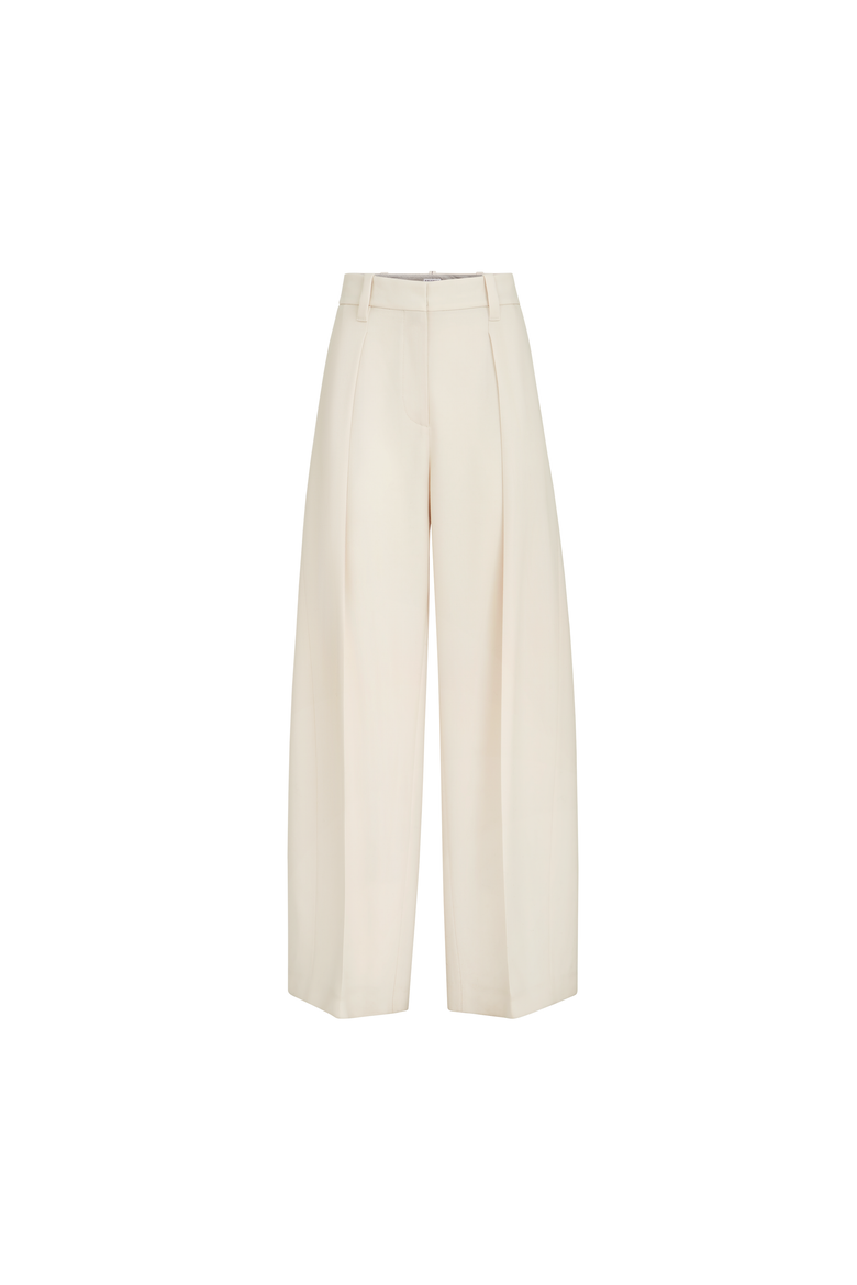 Virgin wool gabardine pleated barrel trousers with monili, Alternate, color, Milk