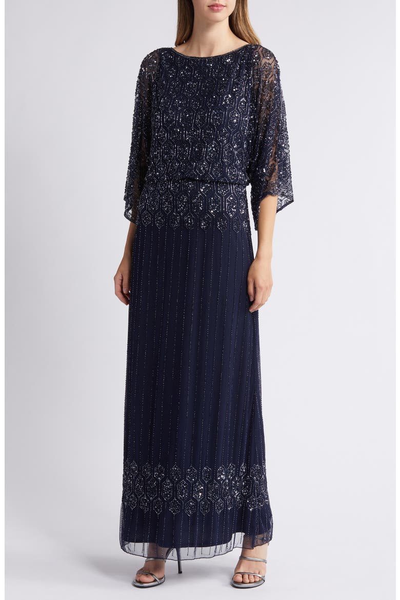 Beaded Blouson Split Sleeve Gown, Main, color, NAVY