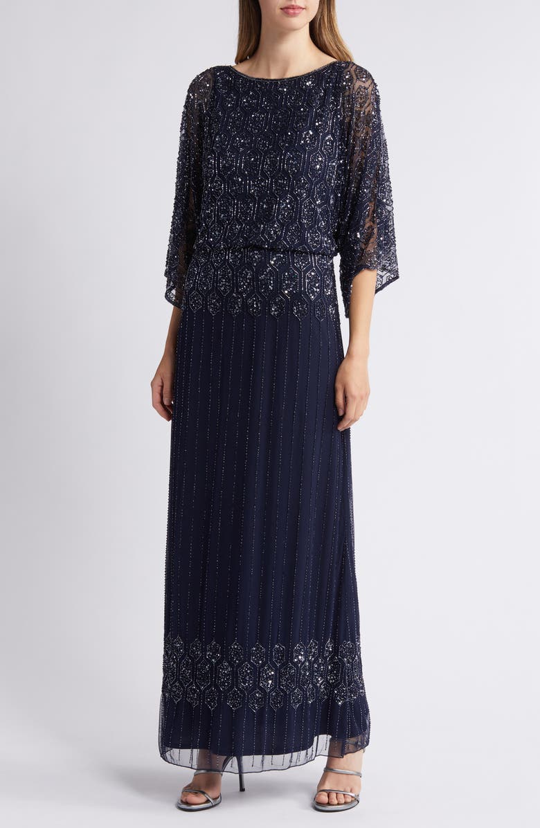 Pisarro Nights Beaded Blouson Split Sleeve Gown, Main, color, Navy