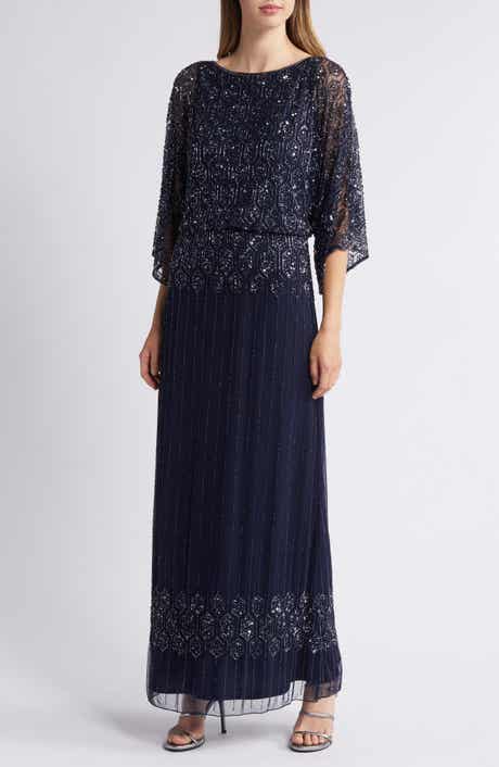 Pisarro Nights Beaded Blouson Split Sleeve Gown