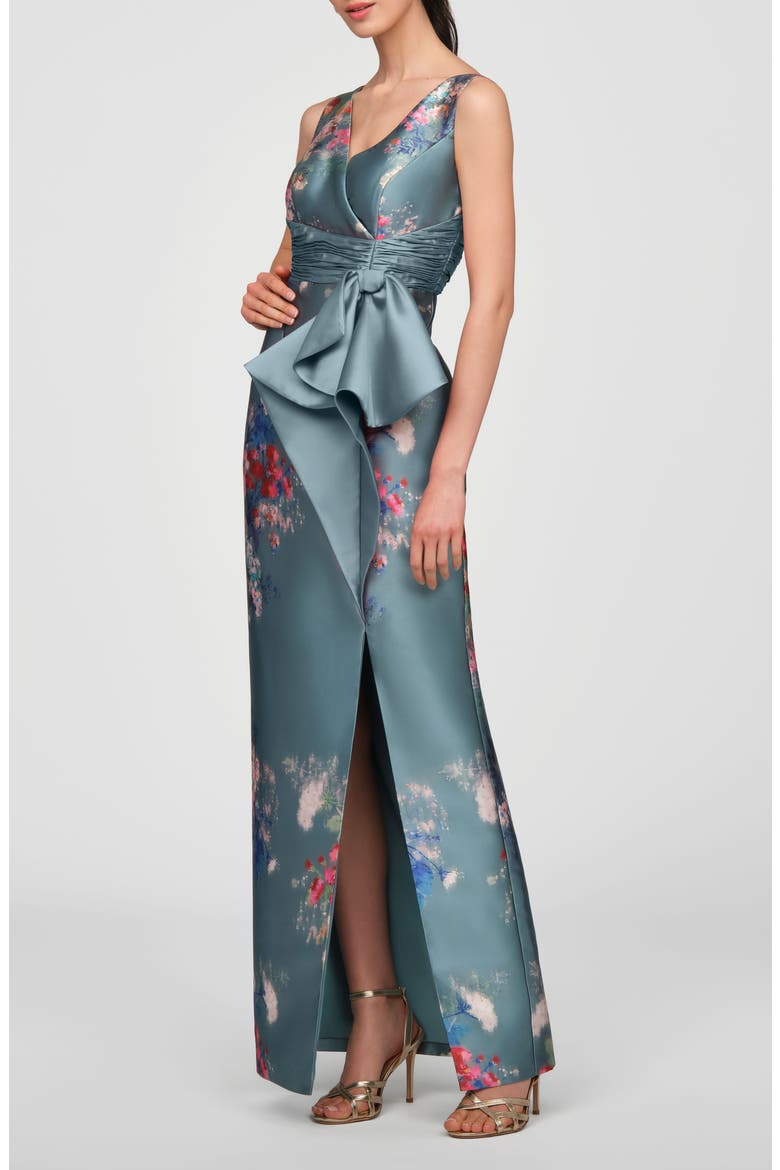 Kathleen Placed Floral Mikado Column Gown, Alternate, color, CYAN MULTI