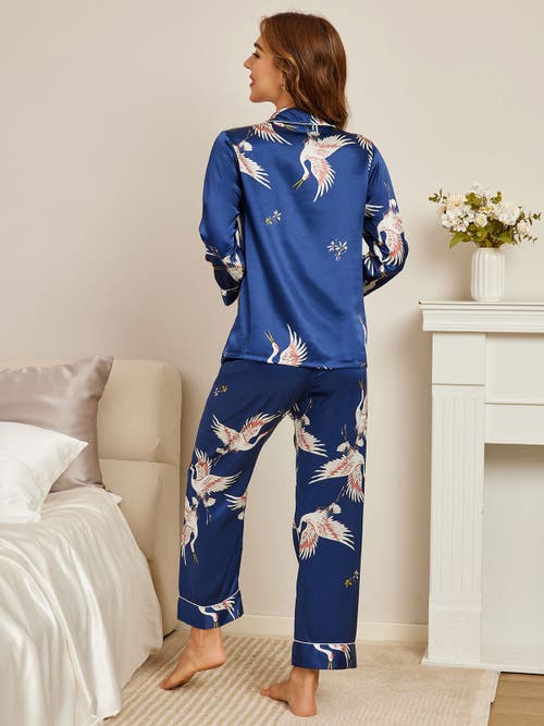 Shop Silksilky 19momme Pure Silk Printed Classic Binding Trim Womens Pajama Set In Darkblue