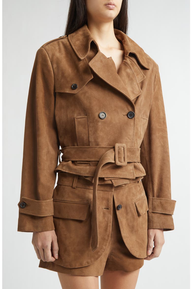 Layering Double Breasted Lambskin Suede Crop Trench Coat, Alternate, color, TAN