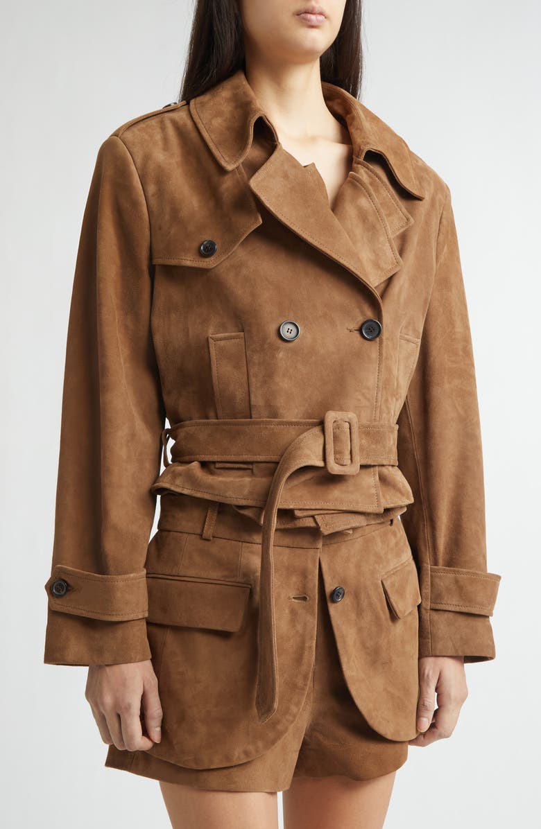 MONSE Layering Double Breasted Lambskin Suede Crop Trench Coat, Alternate, color, Tan