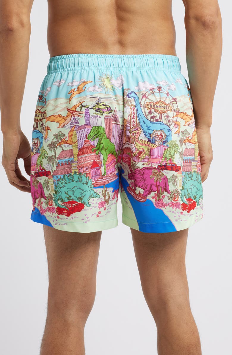 Boardies Dino Takeover Mid Length Swim Trunks, Alternate, color, Blue Multi