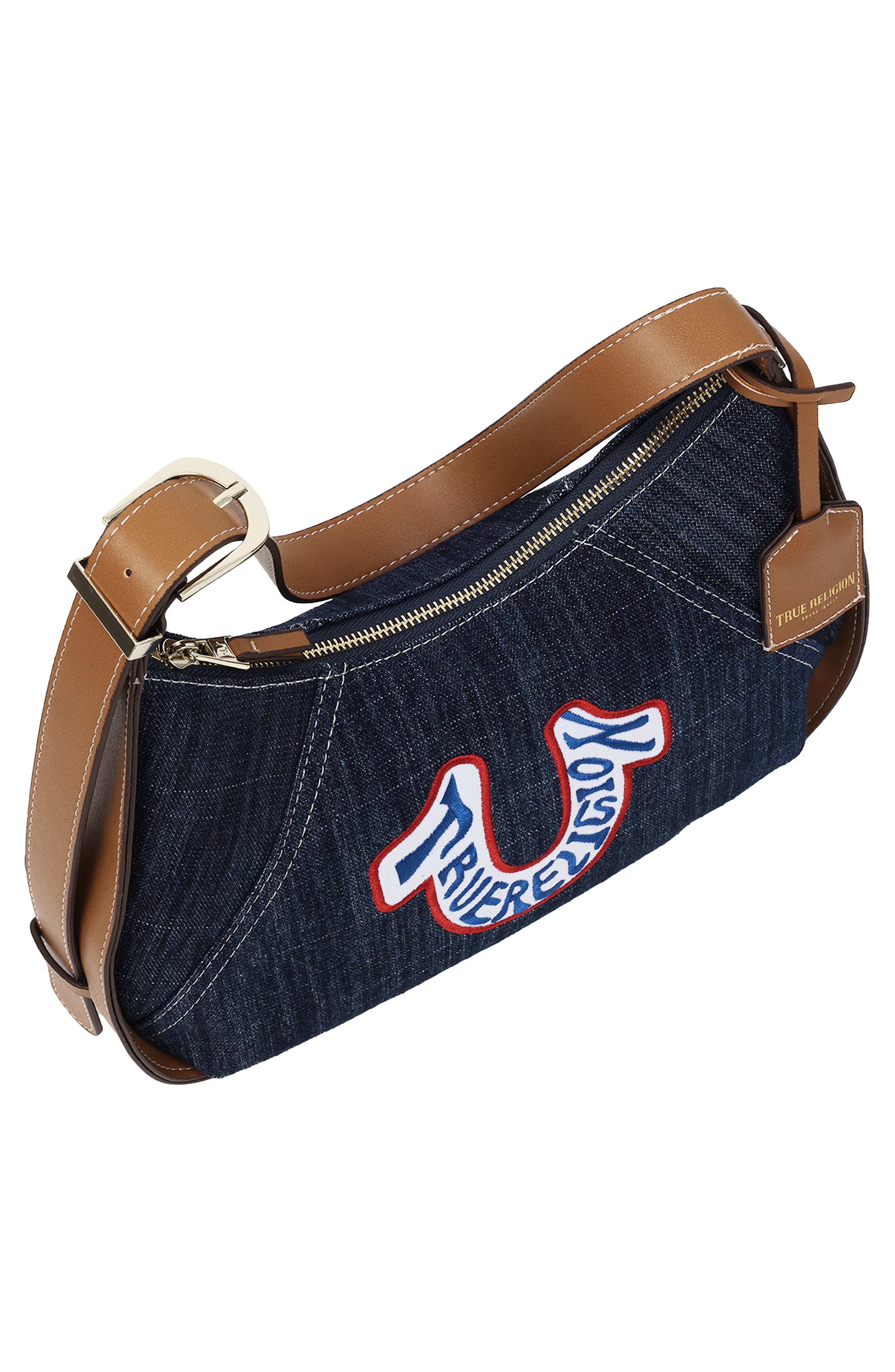 Retro Horseshoe Patch Denim Shoulder Bag, Alternate, color, DARK DENIM