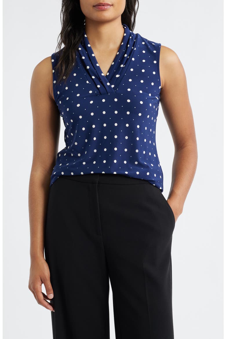 Polka Dot Triple Pleat Sleeveless Top, Main, color, DISTANT MOUNTAIN/ ANNE WHITE