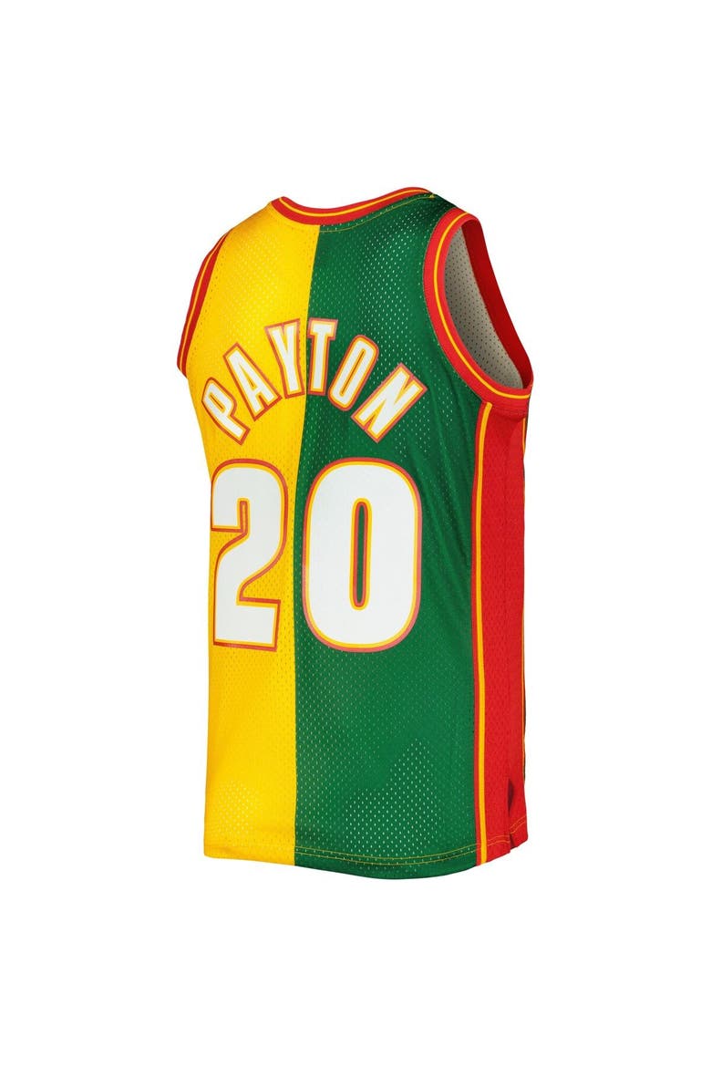 Men's Mitchell & Ness Gary Payton Green/Gold Seattle SuperSonics Hardwood Classics 1995/96 Split Swingman Jersey, Alternate, color, Green