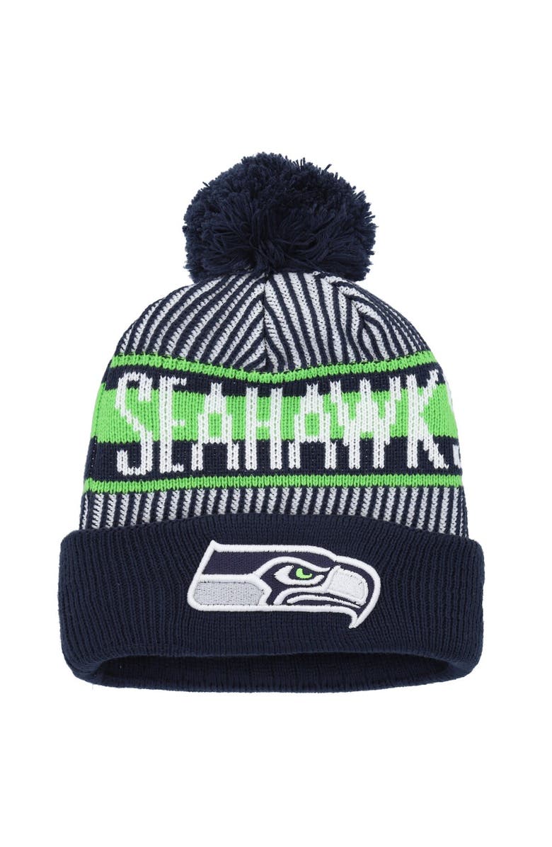 New Era Youth New Era College Navy Seattle Seahawks Striped Cuffed Knit Hat with Pom, Main, color, Navy
