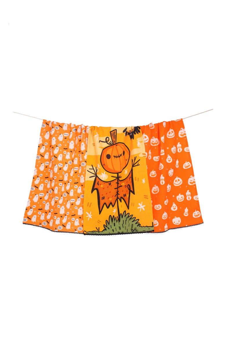 Set of Three The Guard & Ghost Halloween Kitchen Towels, Main, color, PUMPKIN ORANGE/ YELLOW