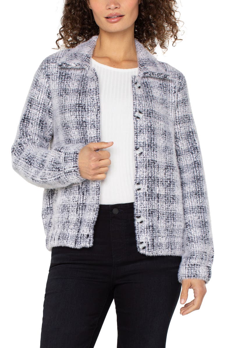 Liverpool Los Angeles Plaid Bomber Sweater, Alternate, color, Grey/ White Plaid