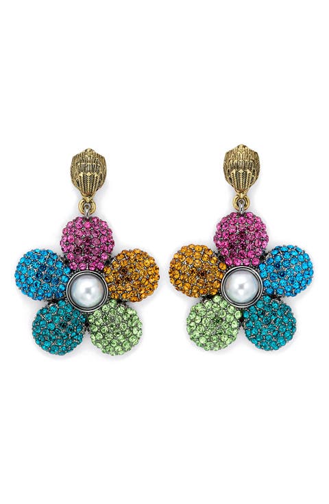Pavé Crystal & Faux Pearl Flower Drop Earrings