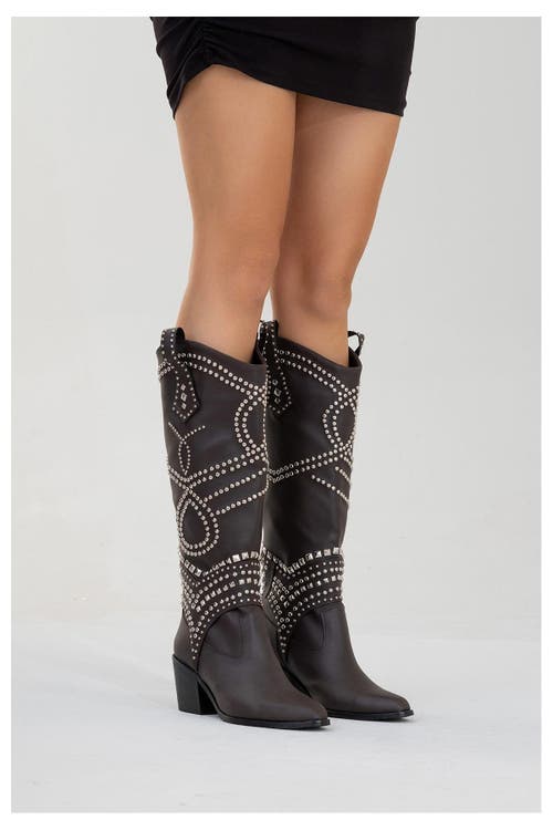 Prologue Shoes Draga Studded Block Heel Knee High Boot In Brown