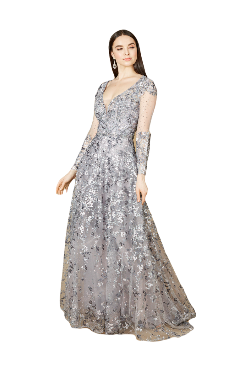 A-line Gown With Long Sleeves, V-Neckline, Main, color, DustyPurple