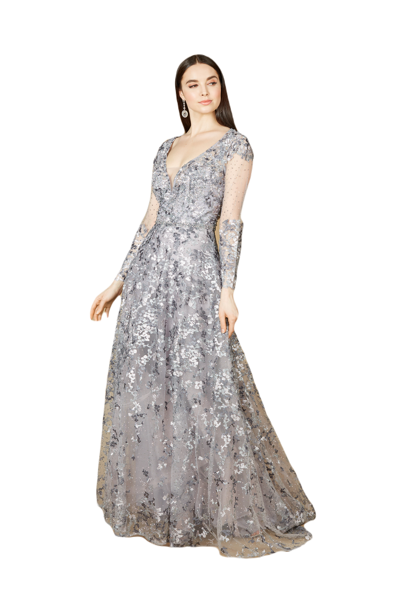 LARA New York A-line Gown With Long Sleeves, V-Neckline, Main, color, Dustypurple