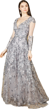LARA New York A-line Gown With Long Sleeves, V-Neckline