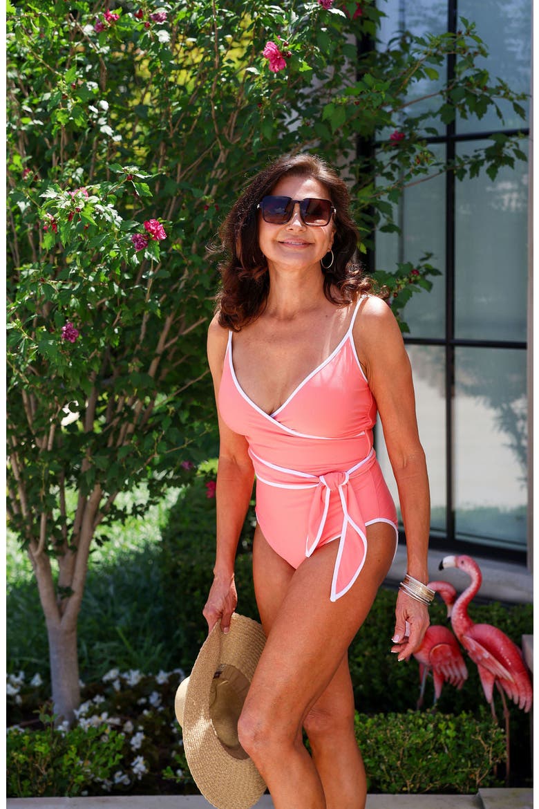 Jan V Neck Wrap One Piece Swimsuit, Alternate, color, Spiced Coral