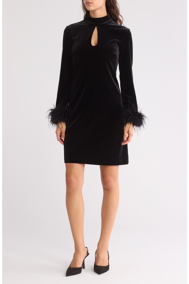 Feather Cuff Long Sleeve Velvet Cocktail Dress, Main, color, BLACK